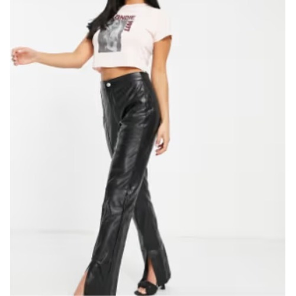 Missguided Faux Leather Pants Black High Rise Split Hem Edgy Biker Club Street 4